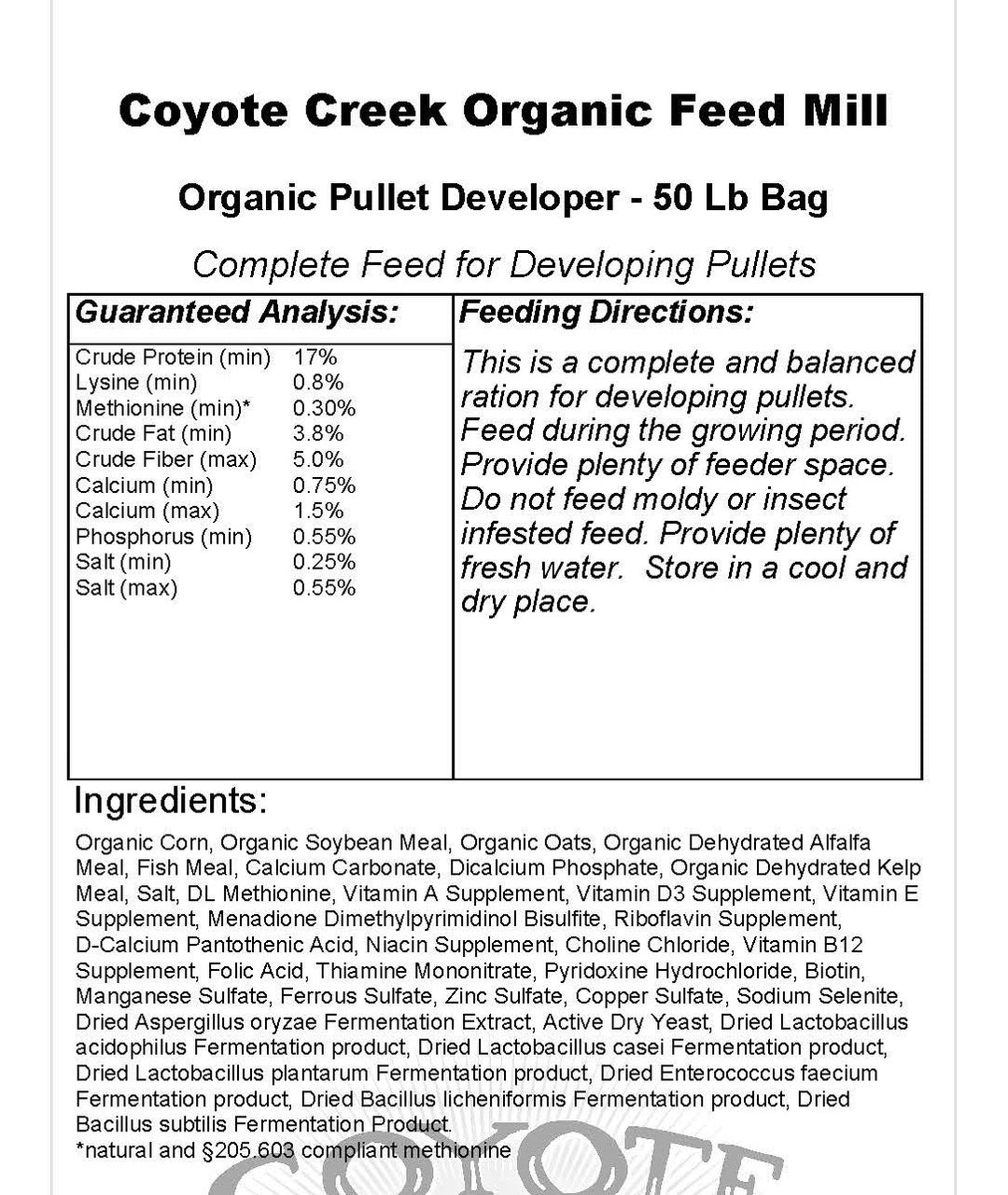 Organic Pullet Developer -50 lb – Coyote Creek Farm